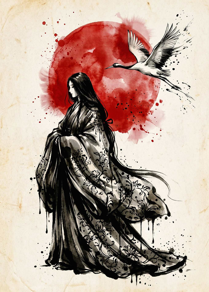 Japanese Geisha Crane Ink Art