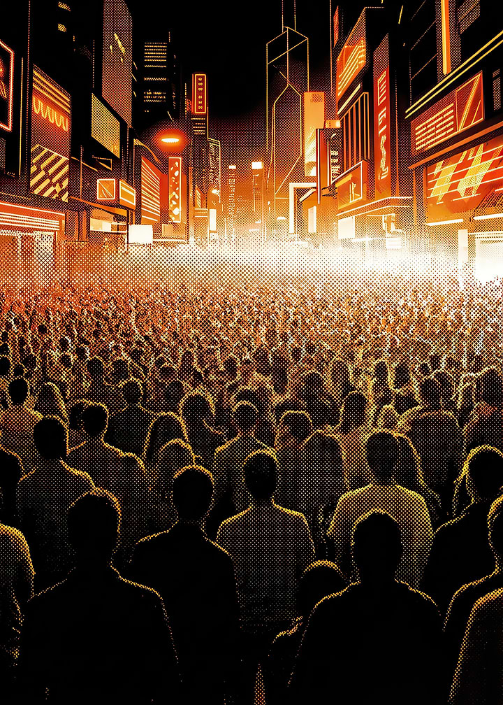 Crowd in Neon Cityscape