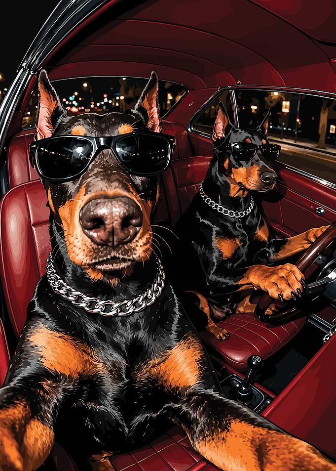Cool Dobermans Driving a Classic Car