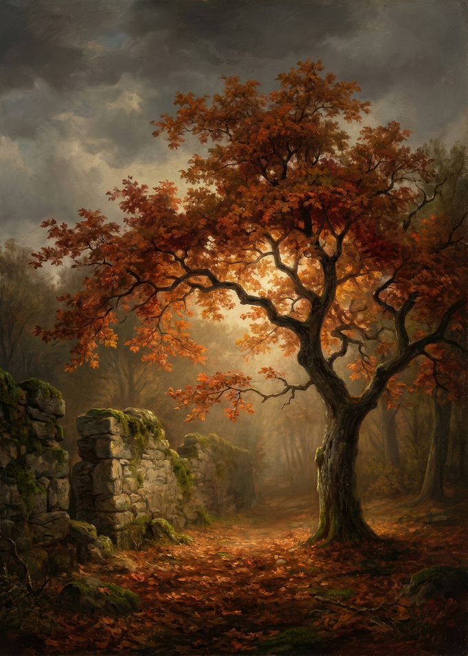 Autumn Tree by Stone Wall