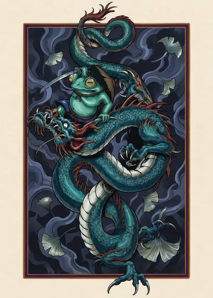 Samurai Frog Riding a Dragon