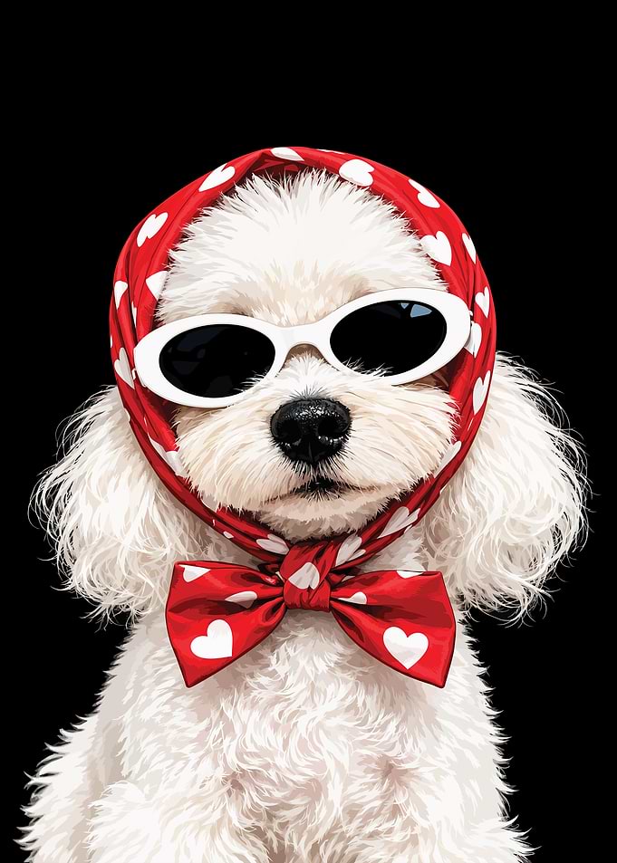 Stylish White Poodle in Heart Scarf