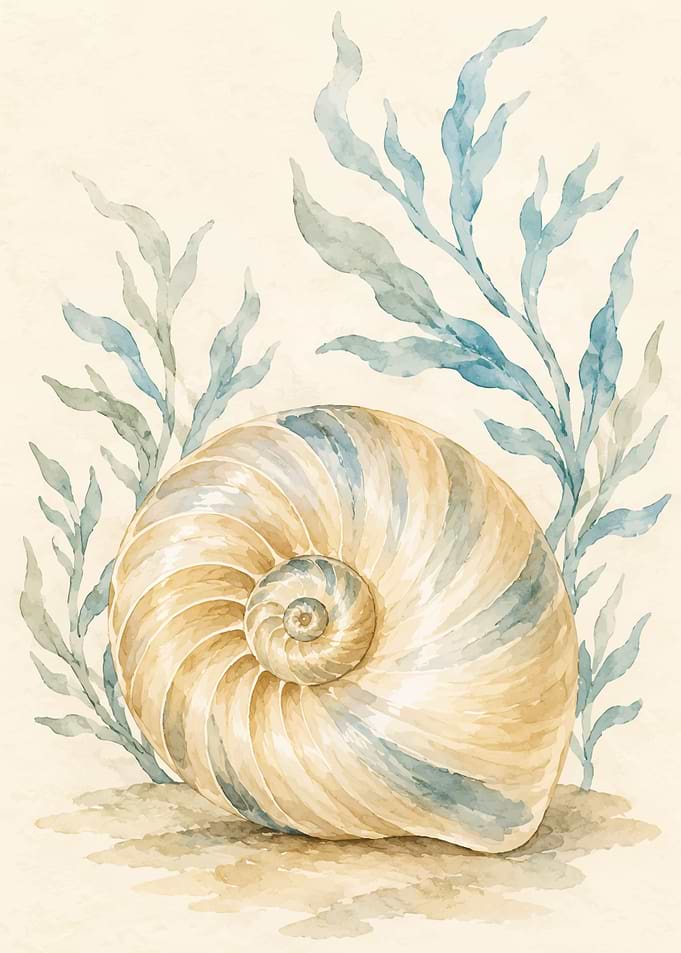 Watercolor Seashell and Seaweed Illustration