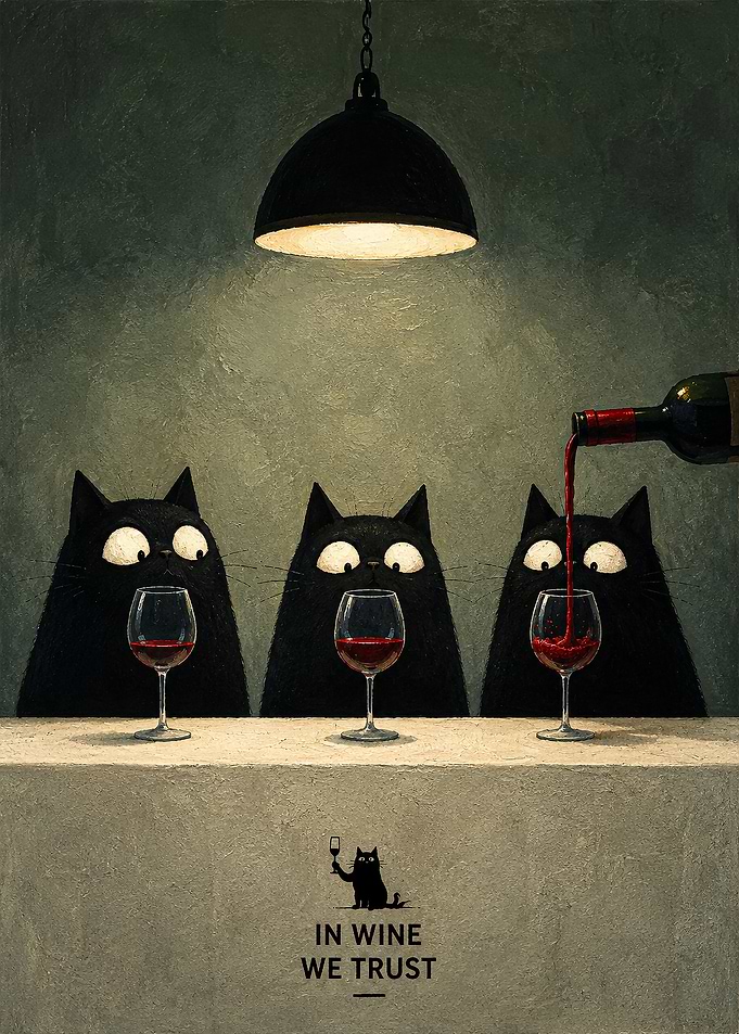 Three Black Cats Drinking Wine