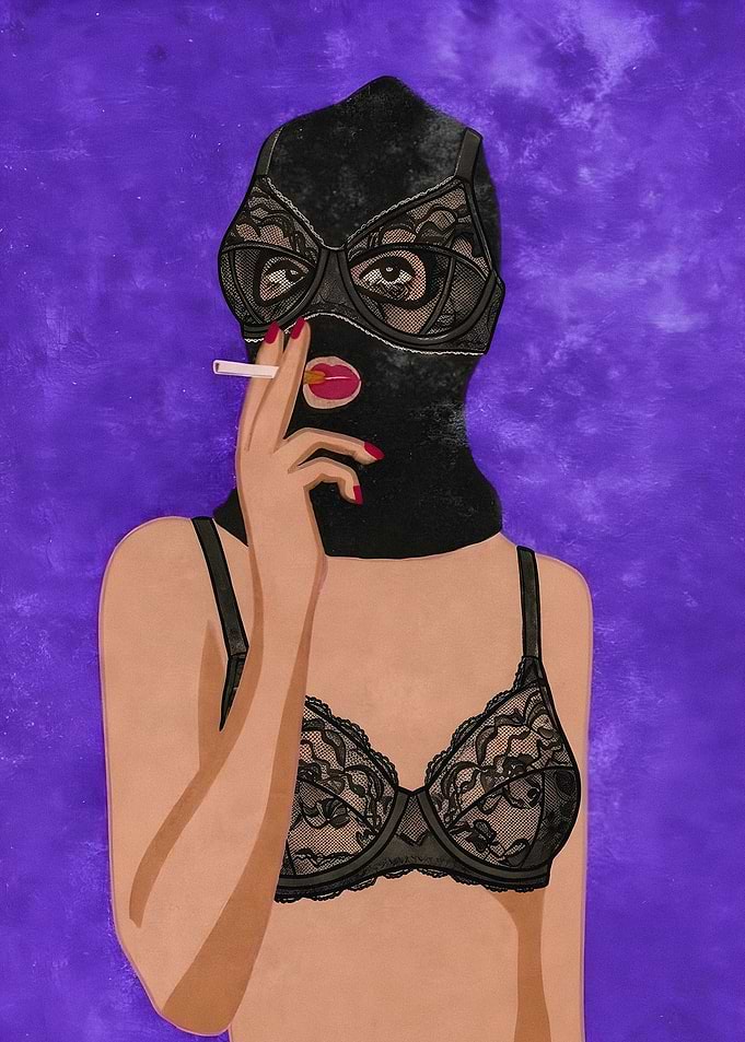 Woman in Lace Balaclava Smoking