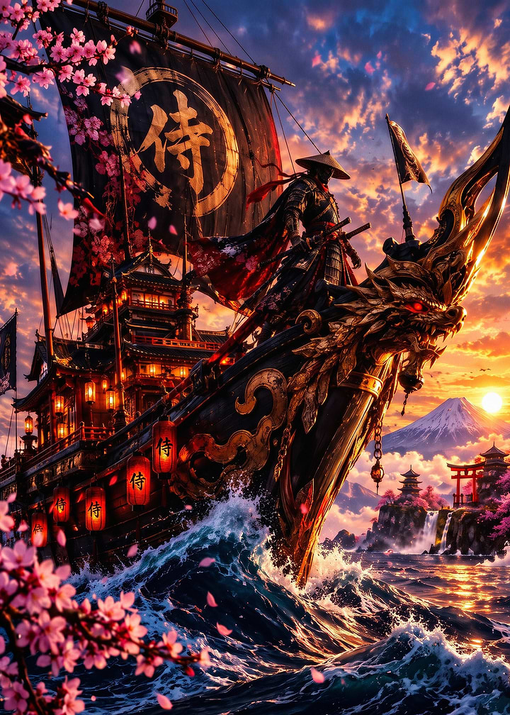 Samurai Ship Japan Sunset Art