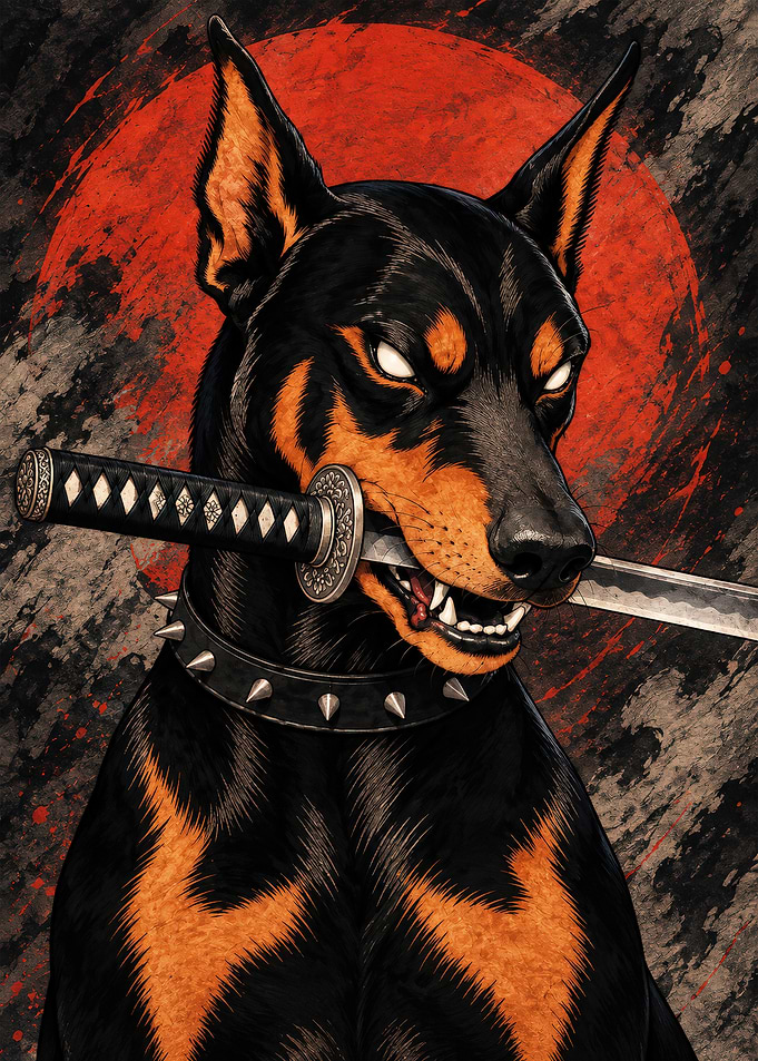 Doberman Samurai with Katana