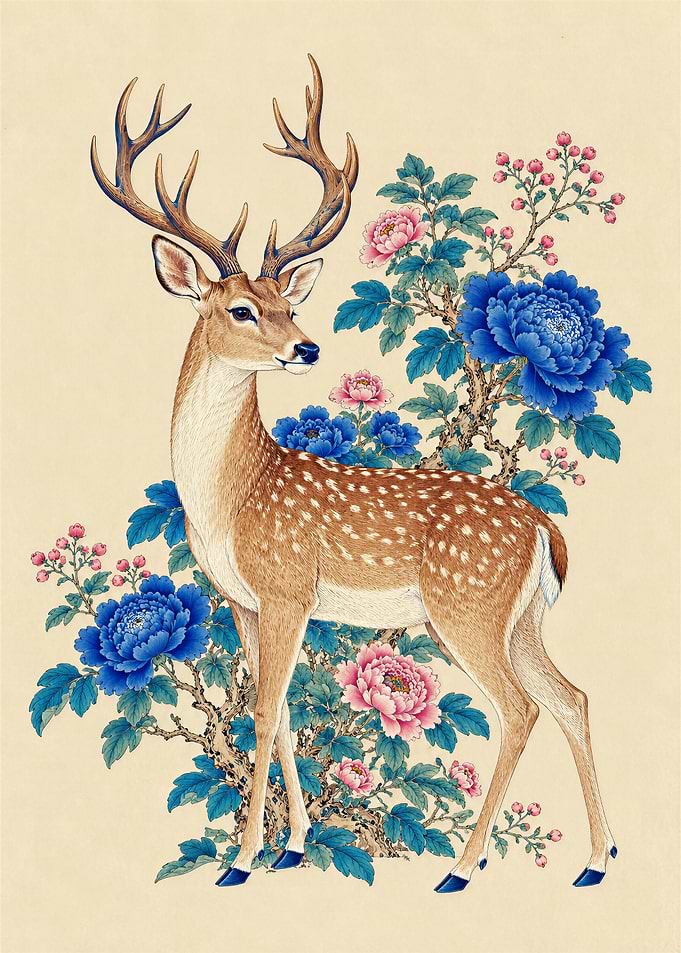 Elegant Deer Among Peonies Illustration
