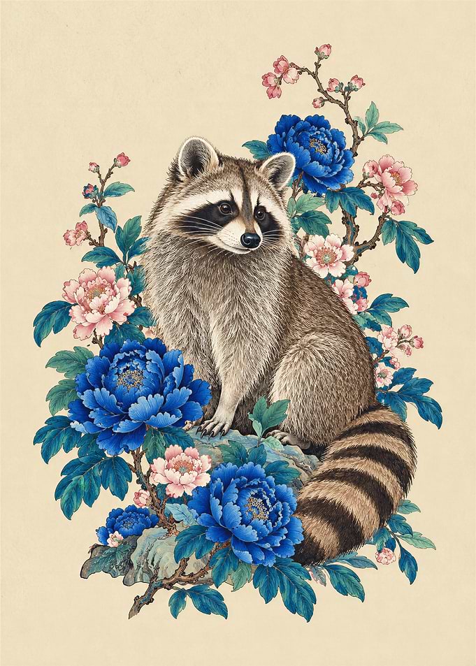 Raccoon Amidst Blue and Pink Peonies