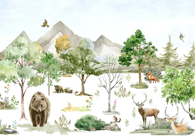 Forest Clearing with Stag and Bear Below the Peaks