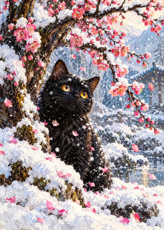 Black Cat in Snowy Cherry Blossoms