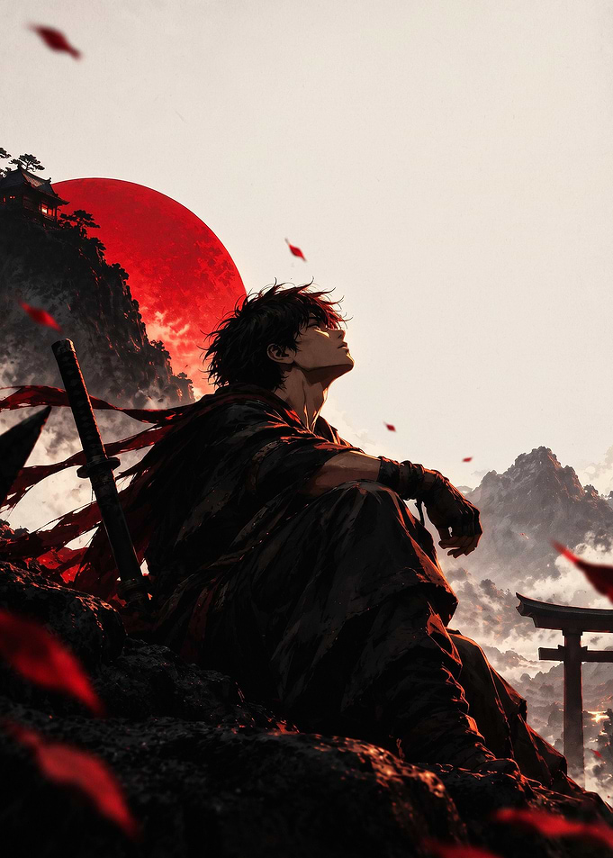 Samurai Warrior Red Moon Anime Art