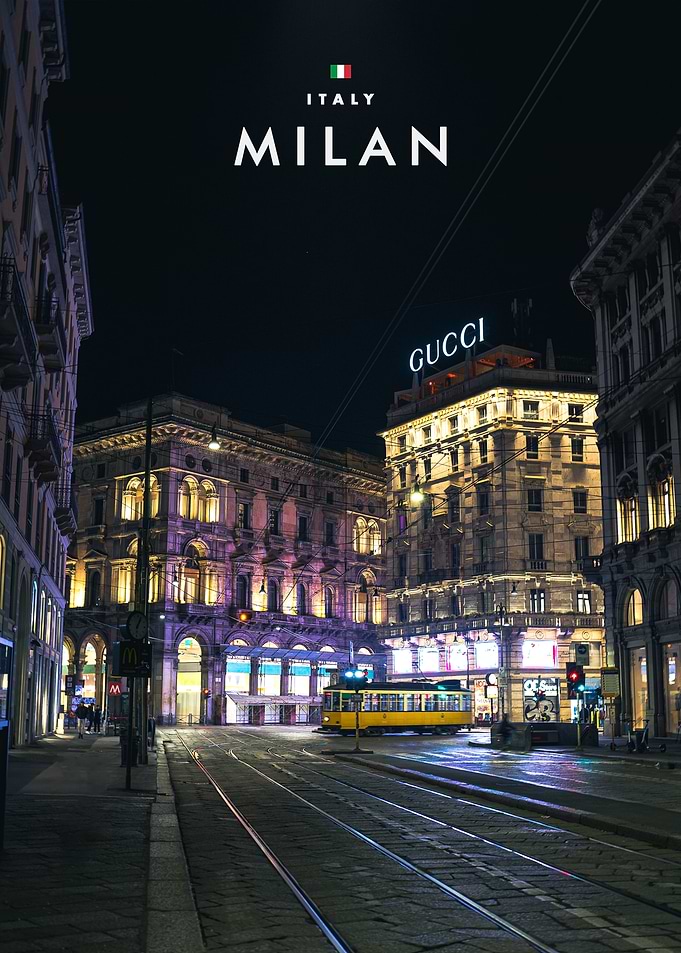 Nighttime Street View of Milan Italy