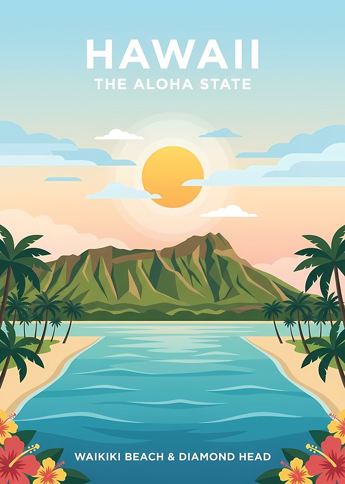 Hawaii Waikiki Beach Travel Poster