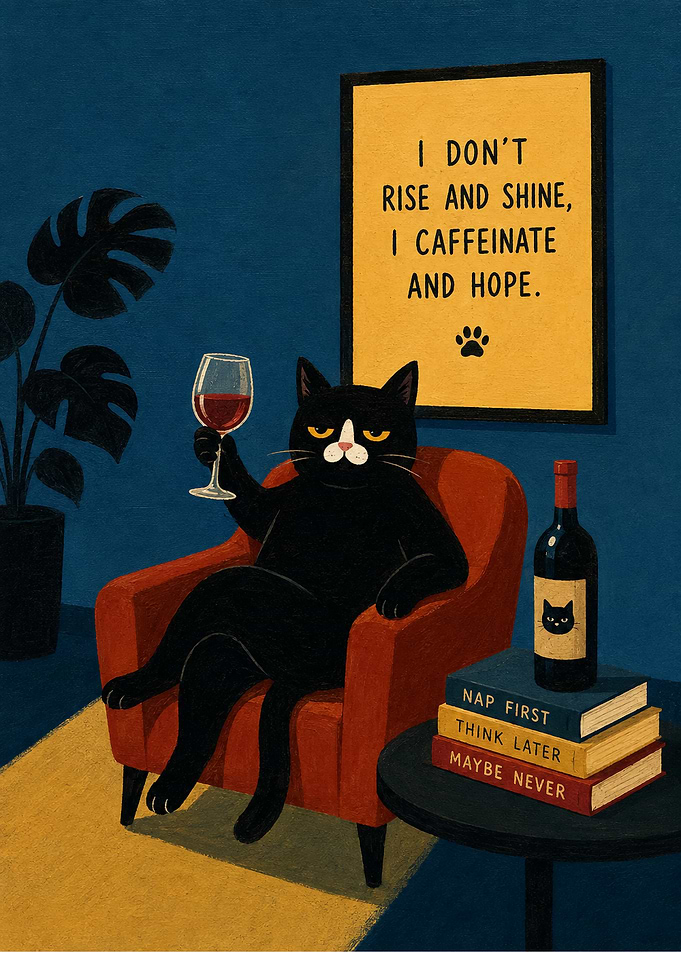 Funny Black Cat Drinking Wine Illustration