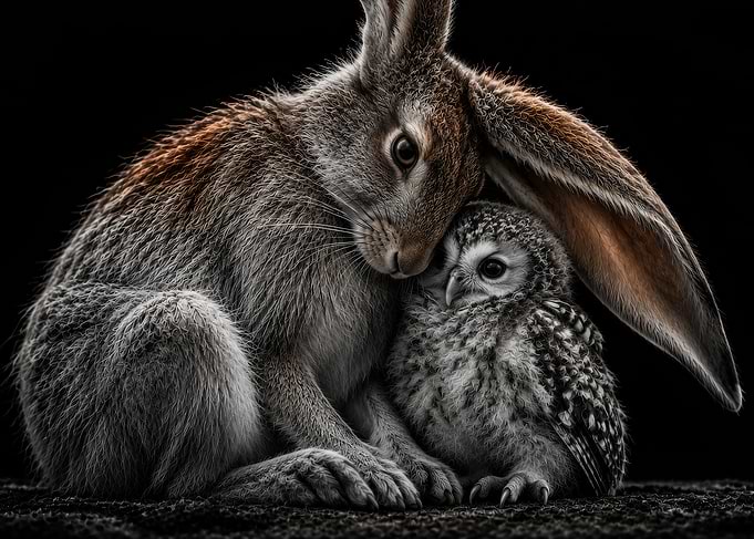 A tender embrace between rabbit and owl