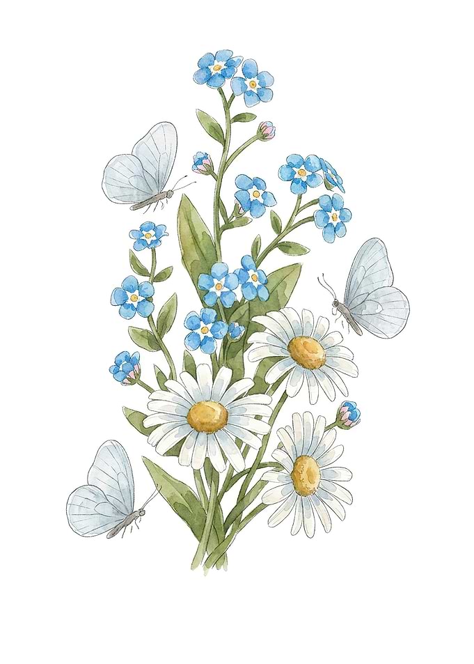 Watercolor Daisies and Forget-Me-Nots with Butterflies