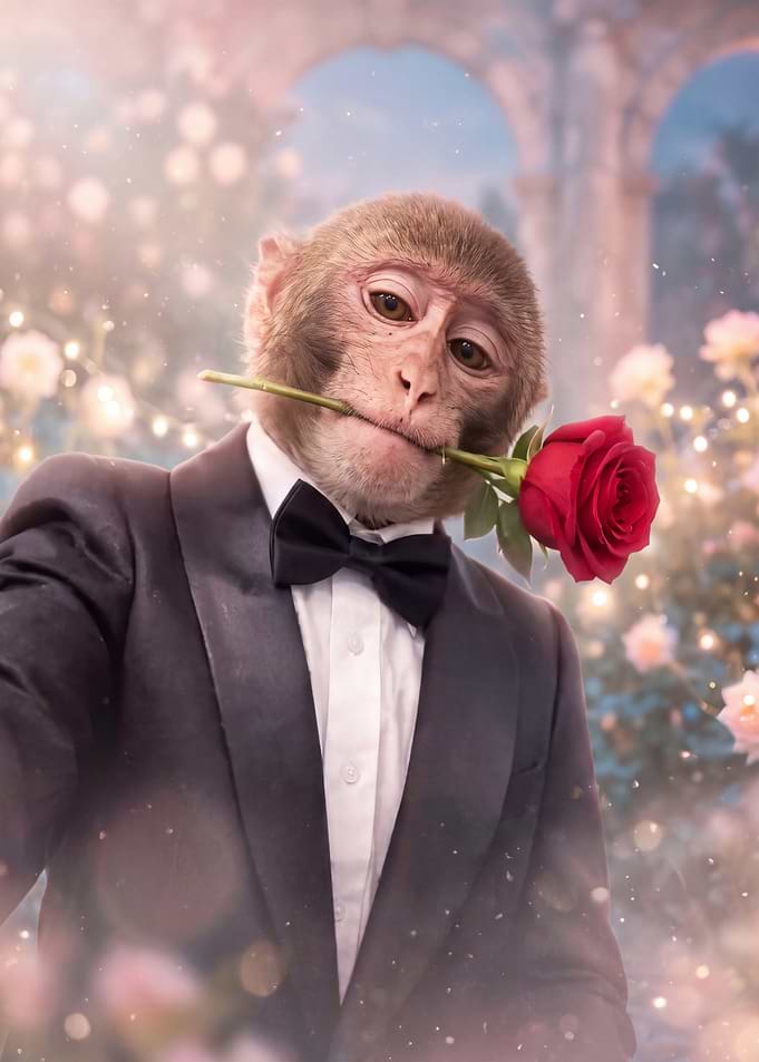 Dapper Monkey Holding a Red Rose
