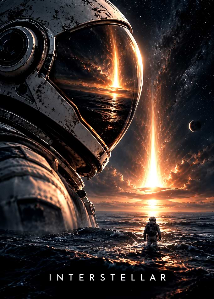 Interstellar Astronaut Ocean Sunset Poster