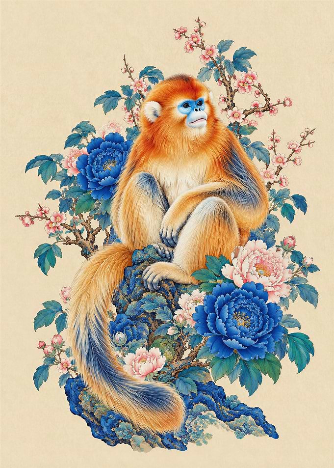 Golden Snub-Nosed Monkey with Peonies