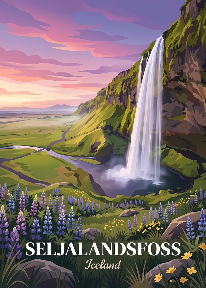 Seljalandsfoss Waterfall Iceland Travel Poster