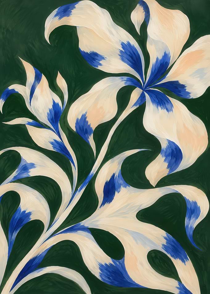 Abstract Blue and Cream Floral Painting
