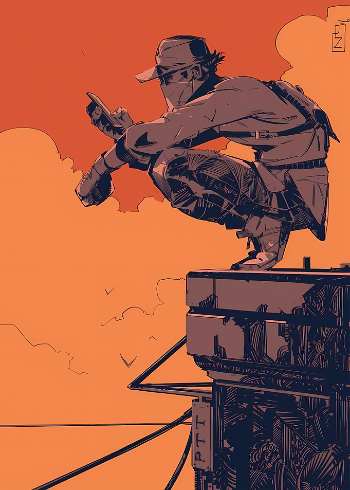 Crouching Scout on Industrial Rooftop