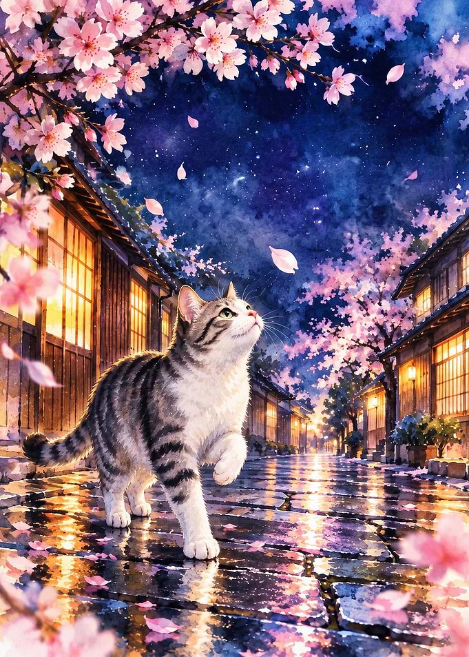 Cat Sakura Blossom Japan Watercolor