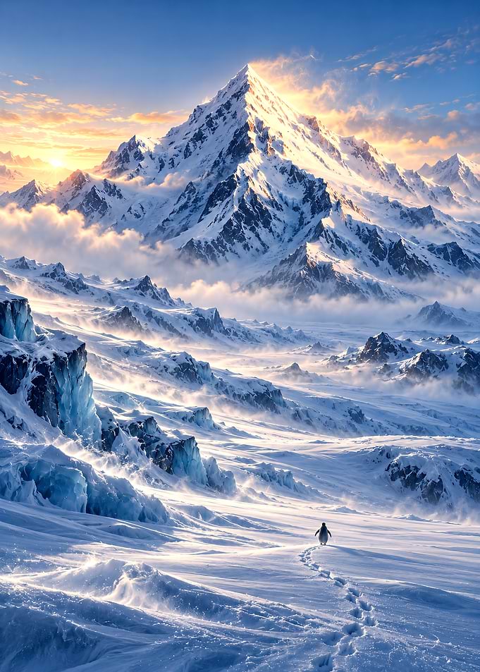 Lone Penguin in Snowy Mountains