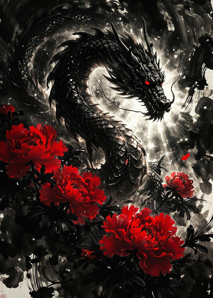Black Dragon Red Flowers Art
