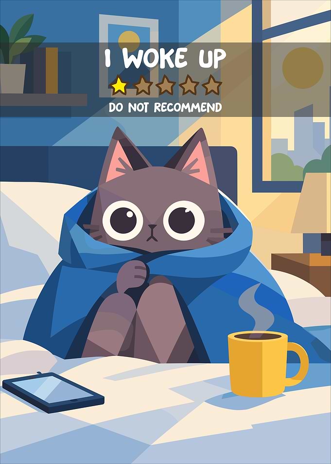 Funny Cat Waking Up Illustration