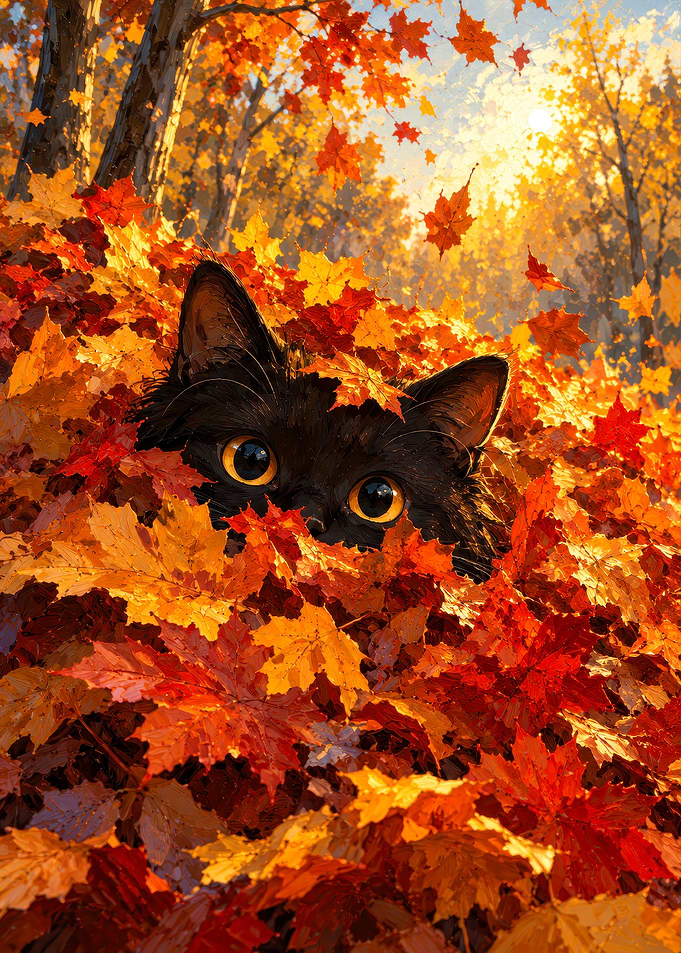 Black Cat Hiding in Autumn Leaves