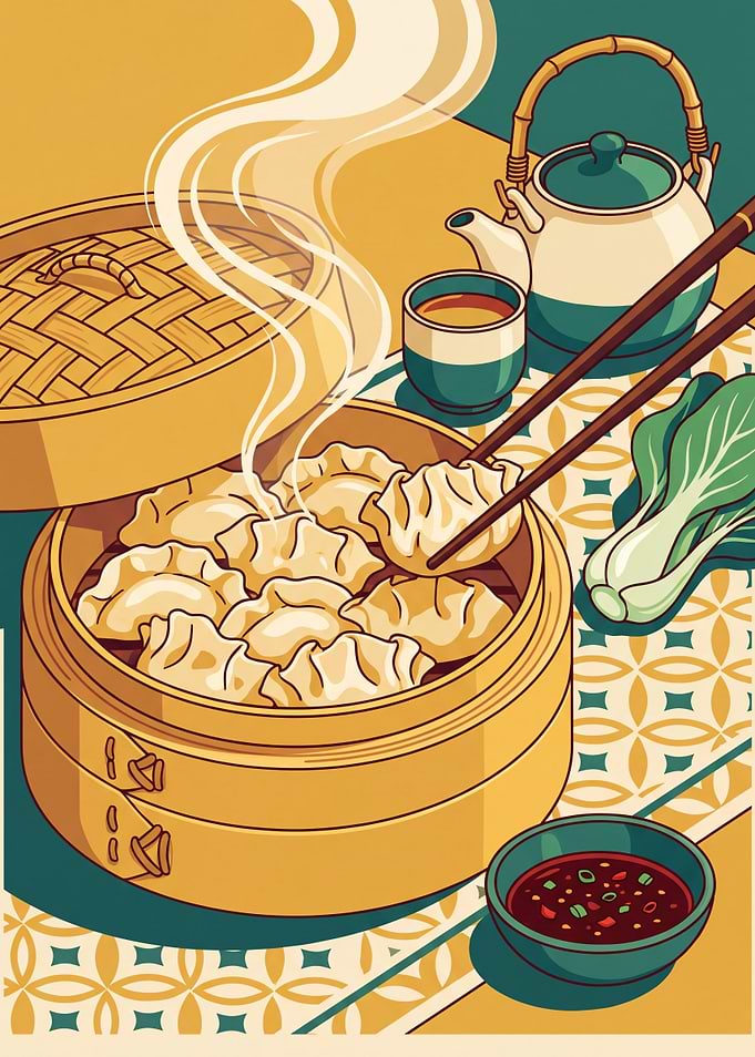 Steaming Dumplings in Bamboo Steamer