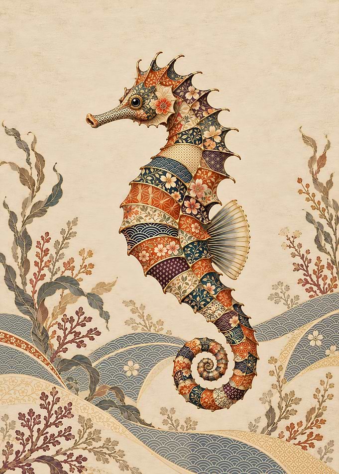Ornate Japanese Patterned Seahorse Illustration