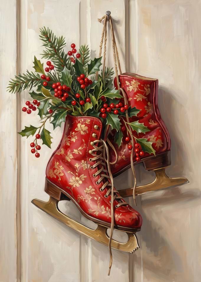 Vintage Red Floral Ice Skates