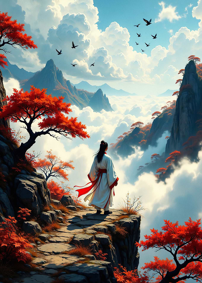Samurai Mountain Zen Red Trees Art