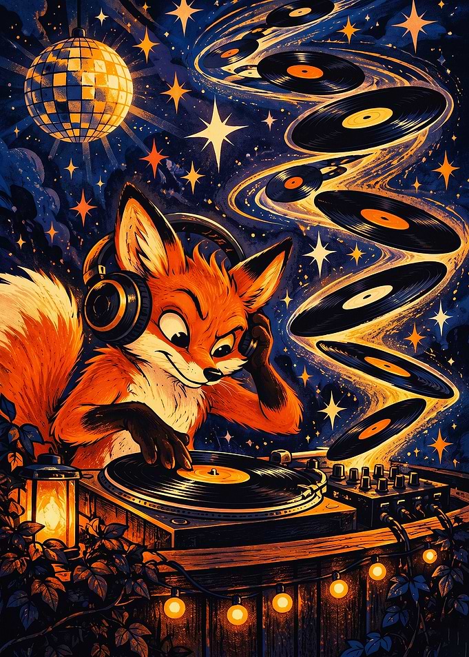 Fox DJ Vinyl Music Disco Starry Art