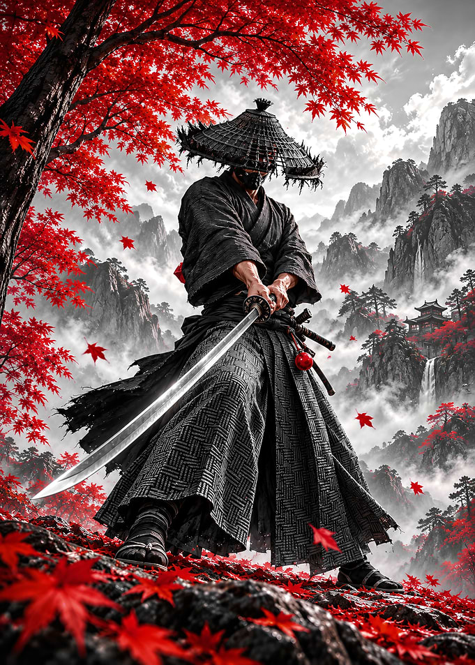 Samurai Warrior Under Red Maple Trees