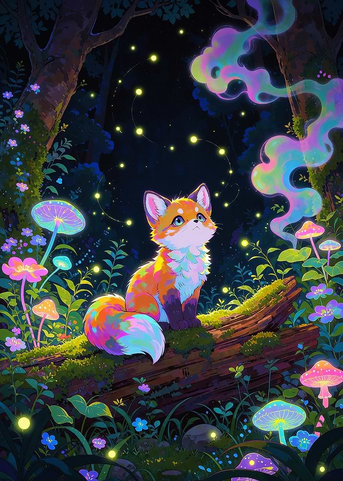 Neon Fox Fantasy Forest Art
