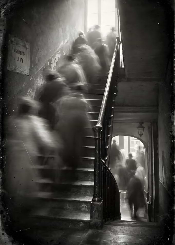 Ghostly Figures on a Vintage Staircase