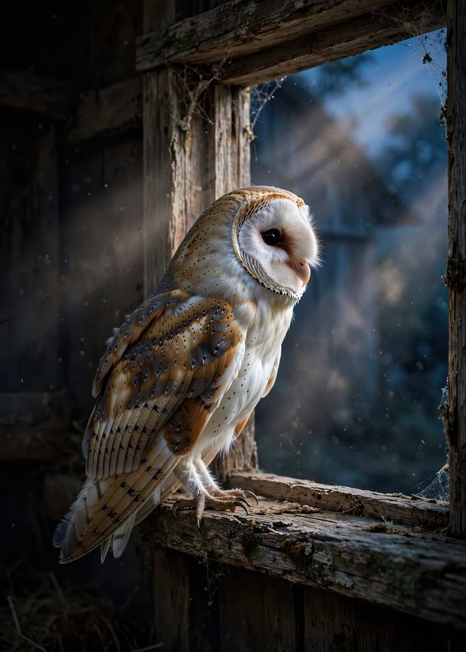 Barn Owl Perched in Old Window