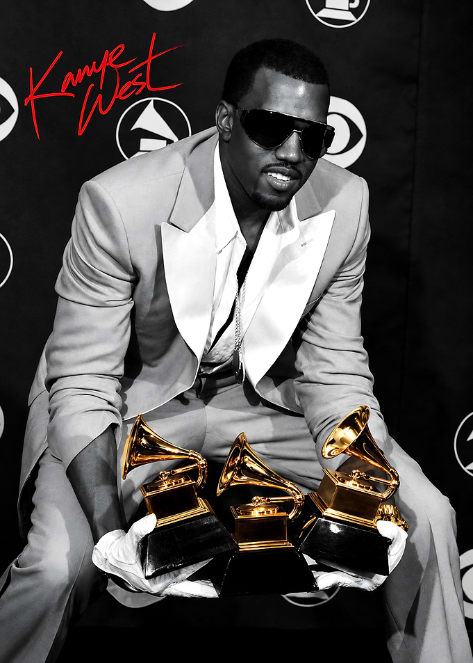Kanye West Holding Three Grammy Awards