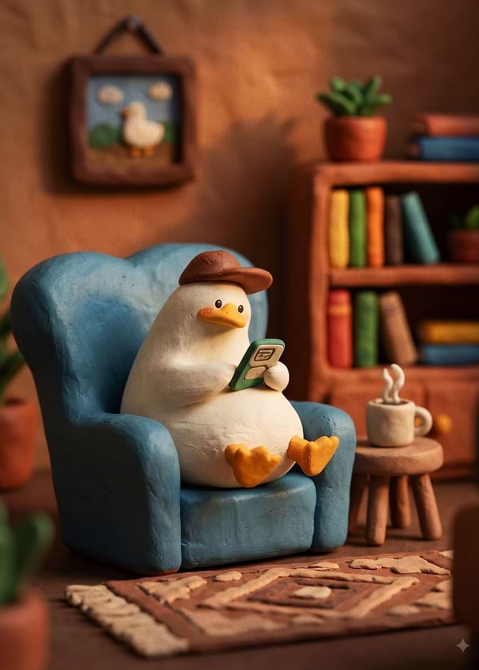 Claymation Duck Relaxing in Armchair