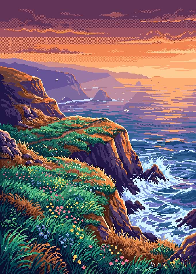 Pixel Art Coastal Sunset Landscape
