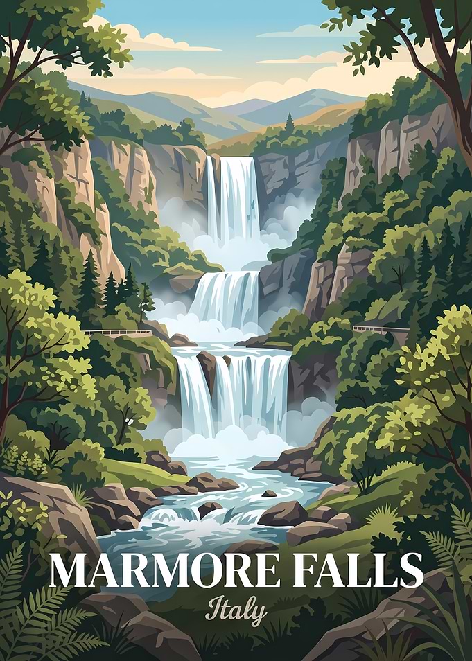Marmore Falls Italy Travel Poster