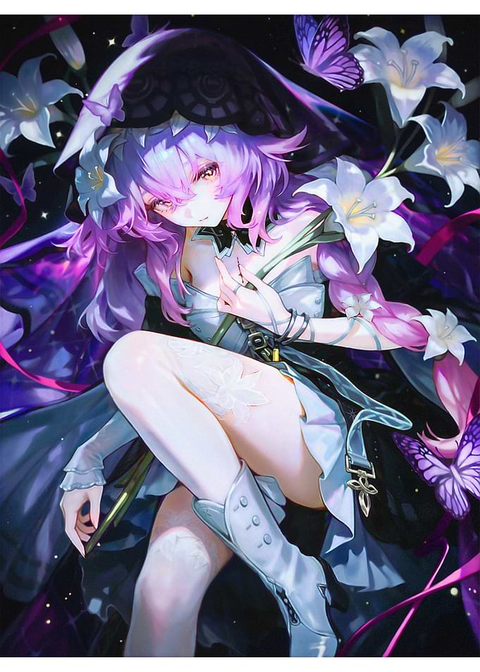 Anime Girl with Lilies and Butterflies