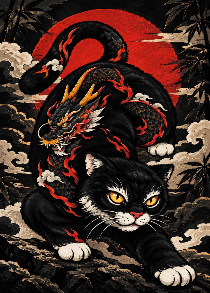 Black Cat with Dragon Spirit Tattoo