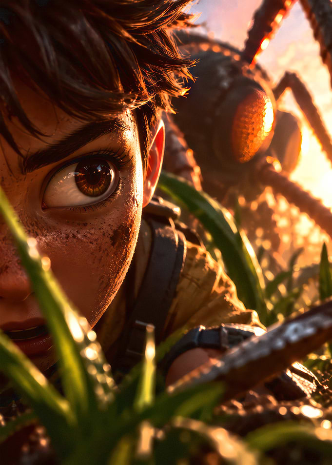 Close-up of a character hiding