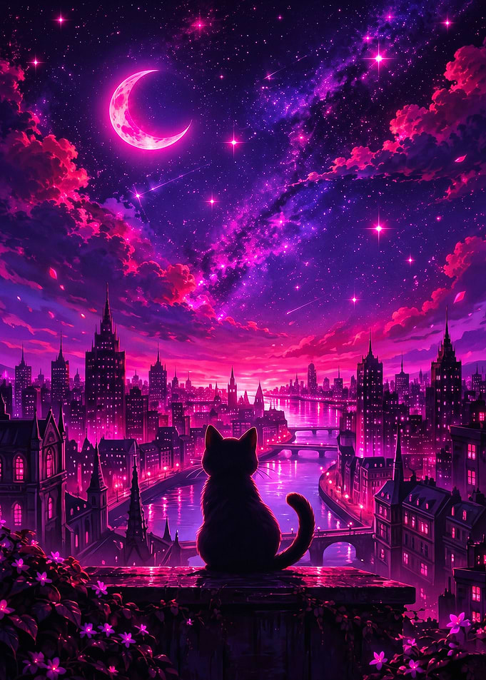 Cat City Skyline Space Night Art