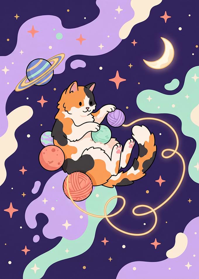 Cat Playing with Planets Like Yarn